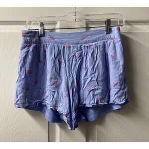 Blue Rain Shorts Womens Medium Blue Crinkle Pull On Lined Pink Flamingo